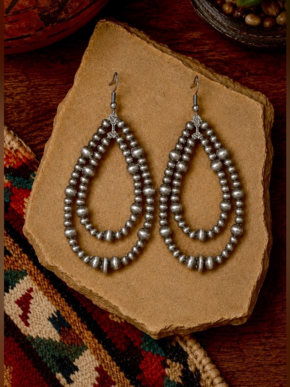 Southwestern Western Faux Navajo Pearl Double Teardrop Hoop Dangle Earrings